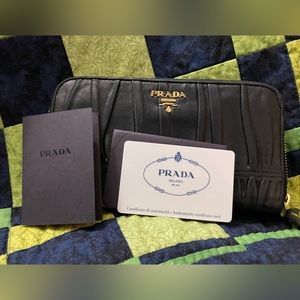 PRADA COA Nappa Gaufre Black Leather Roughed Clutch/Wallet